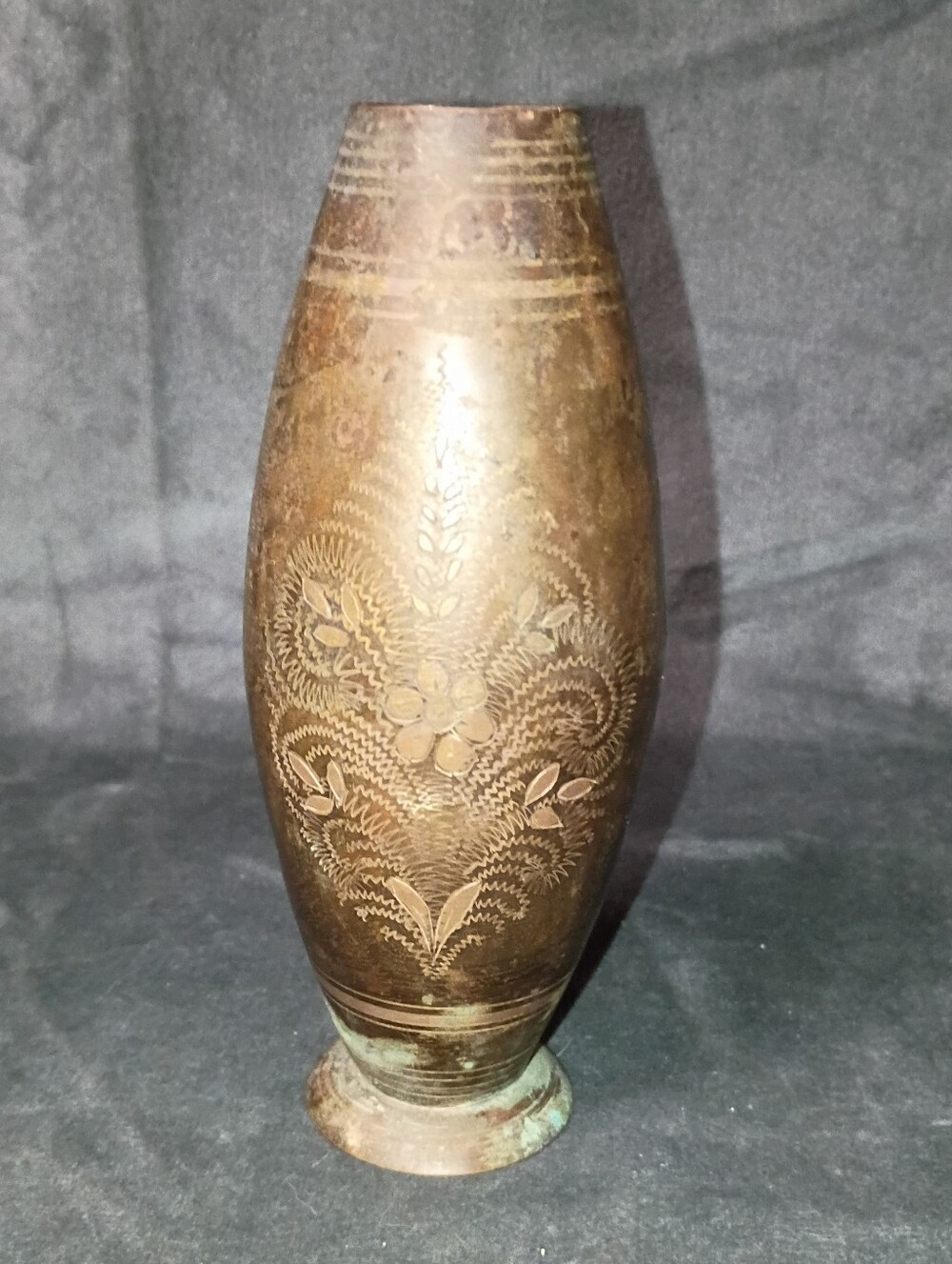 Vintage Etched Brass Vase 6 In Tall Beautiful Patina